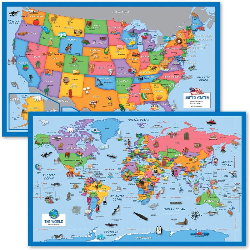 Photo 1 of 2 Pack - World & USA Map for Kids [Illustrated] - 2 Poster Set (LAMINATED, 18" x 29")