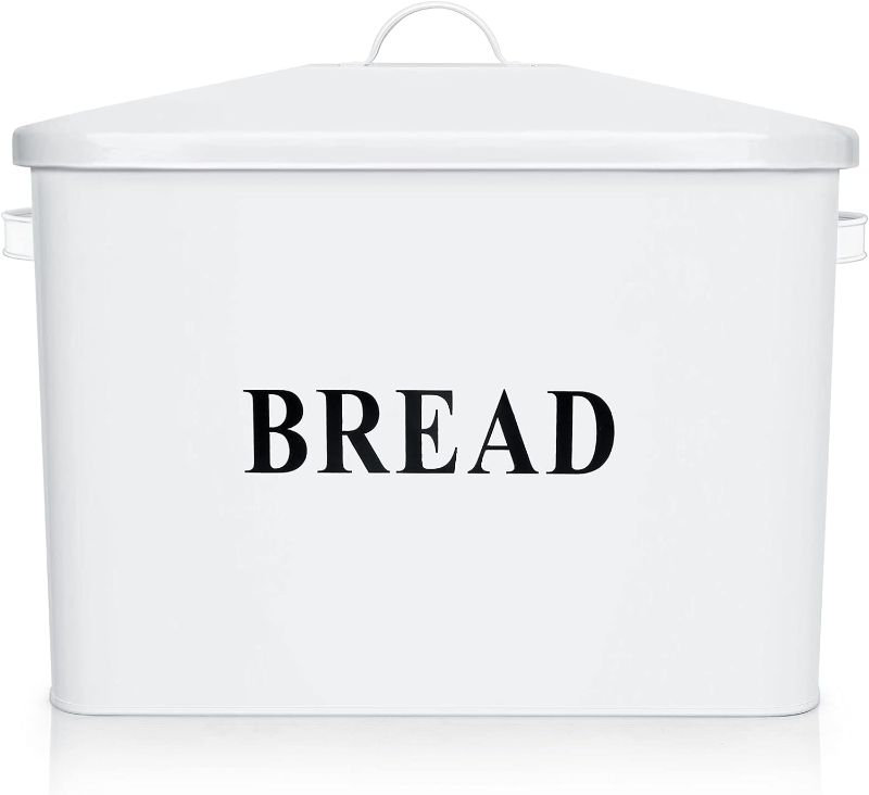 Photo 1 of E-far Bread Box, Metal Bread Box with Lid for Kitchen Countertop, Large Bread Bin Holder Storage Container - 13" x 9.8" x 7.3" - Holds 2+ Loaves, Modern Farmhouse & Vintage Style - White