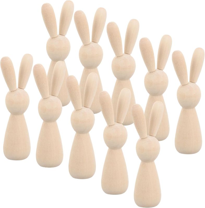 Photo 1 of STOBOK 10pcs Unfinished Wooden Peg Dolls Easter Rabbit Statue Bunny Figurines Blank Natural Wood Peg Figures Animal Doll Bodies to Paint Cake Topper for Art Chess Pieces