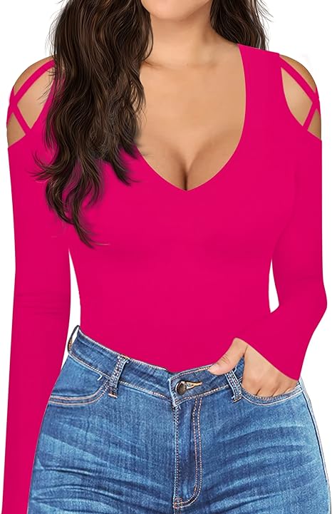 Photo 1 of Size L - HERLOLLYCHIPS Sexy Tops for Women Cold Shoulder Deep V Neck Long Sleeve Short Sleeve Slim Fit Summer Casual Tees T-Shirts