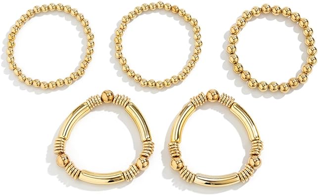 Photo 1 of 3/5Pcs Gold/Silver Beaded Bangle Bracelet for Women Curved Tube Stretchable Ball Beads Elastic Bracelet