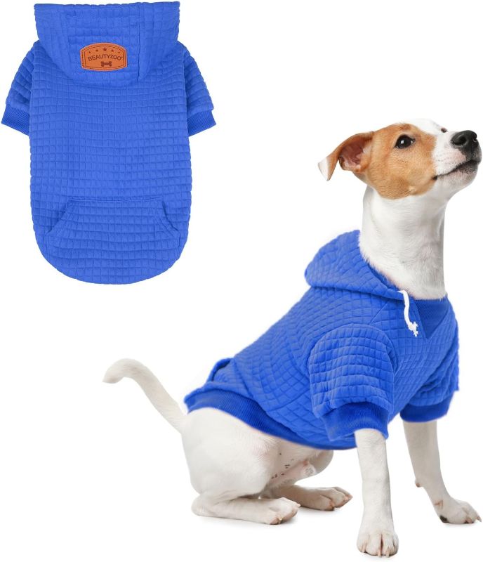 Photo 1 of Size S - BEAUTYZOO Small Dog Hoodie Sweater with Pockets, Dog Clothes for Small Medium Dogs Boy Girl, Waffle-like Laminated Cotton Pet Coats with Hat and Leash Hole, All Weather Coat for Puppy Doggie Chihuahua