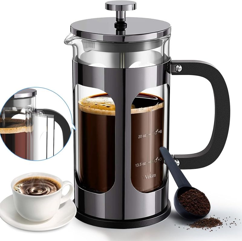 Photo 1 of Veken French Press Plunger Coffee Maker Cafetière, Double Wall Heat Resistant Borosilicate Glass Coffee Press,Cold Brew Coffee Pot for Kitchen and Gifts, Dishwasher Safe, Dark Pewter (27 Ounce/800 ml)