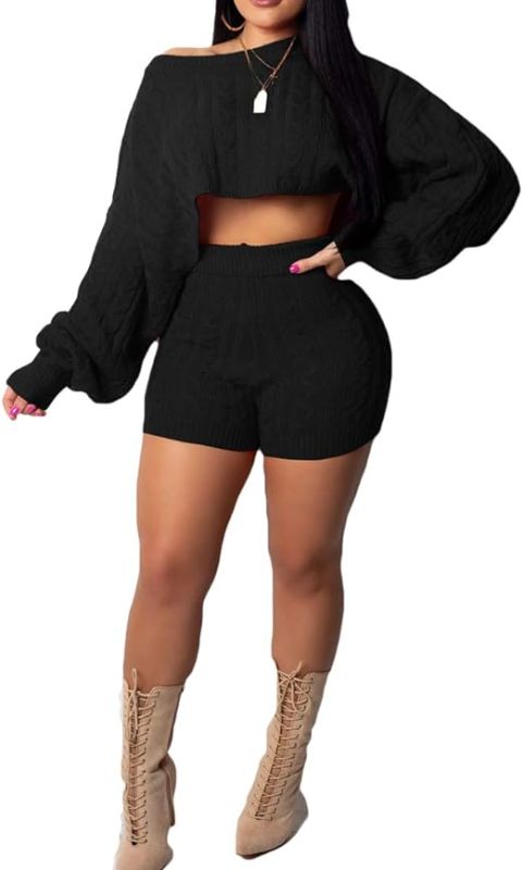 Photo 1 of Size XXL - Women's Casual 2 Pieces Outfits Solid Long Sleeve Knitted Sweater Crop Top Bodycon Shorts Tracksuits Set