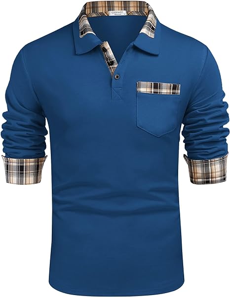 Photo 1 of Size M - COOFANDY Men's Casual Polo Shirt Long Sleeve Classic Plaid Button Tees with Pockets
