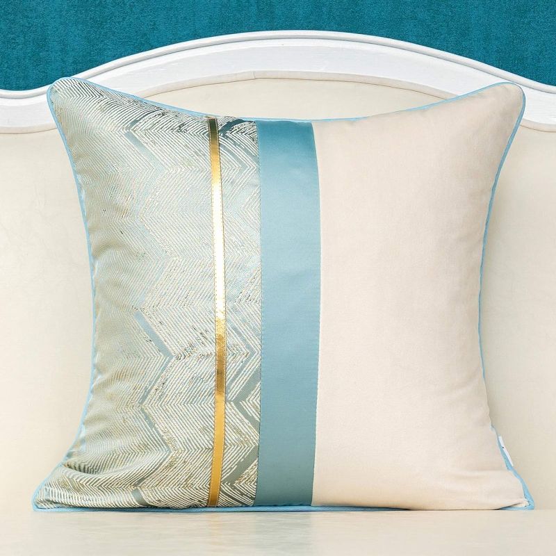 Photo 1 of Alerfa 20 x 20 Inch Light Blue White Geometric Striped Gold Leather Patchwork Velvet Cushion Case Luxury Modern Lumbar Throw Pillow Cover Decorative Pillow for Couch Sofa Living Room Bedroom Car