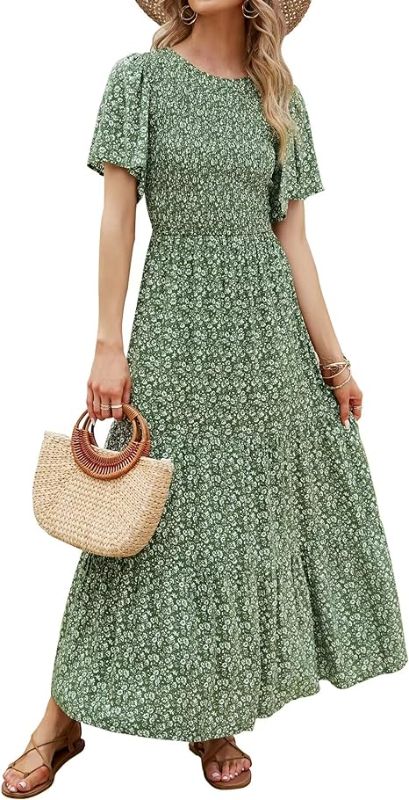 Photo 1 of Size M - ZESICA Women's 2024 Summer Casual Floral Print Short Flutter Sleeve Crew Neck Smocked High Waist Flowy Maxi Dress