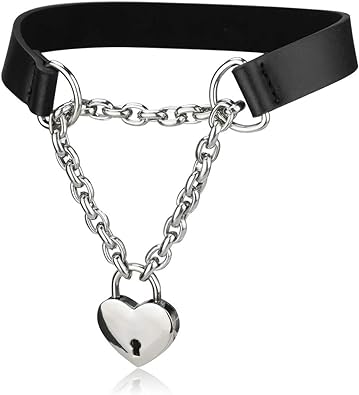 Photo 1 of Goth Choker Necklaces for Women, Black Choker and Heart Padlock Day Collar with Key, Black PU Leather Choker Collar for Women