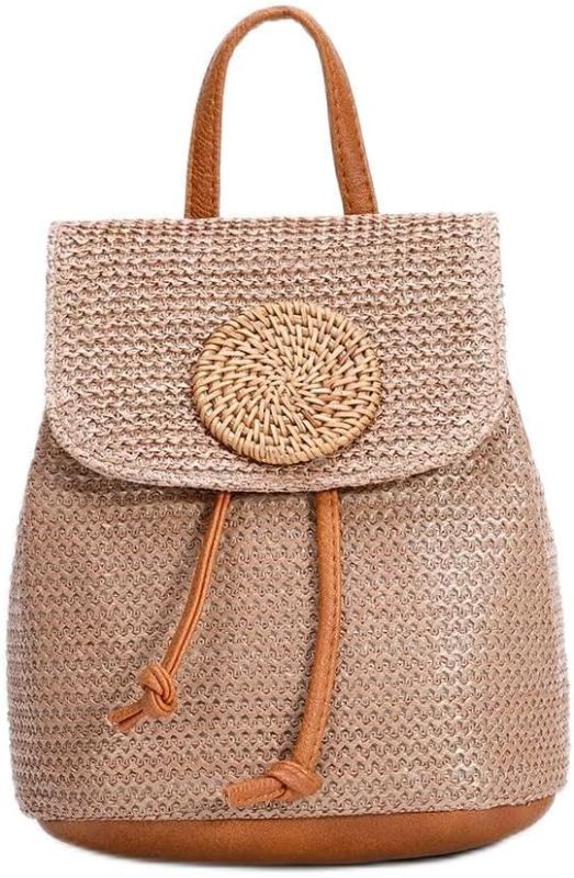Photo 1 of Small Straw Backpack for Women Summer Handmade Woven Beach Bag Bookbag Daypack Wicker Purse Bohomian Drawstring Shoulder Bag-L Rattan-Brown