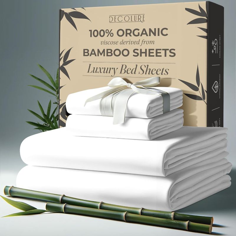 Photo 1 of  Queen Bed Sheets (White) Bamboo Sheets Queen Size 4pcs - Ultra Soft & Luxuriously Cooling, 17" Deep Pocket, Double Stitching, Perfect for Hot Sleepers -