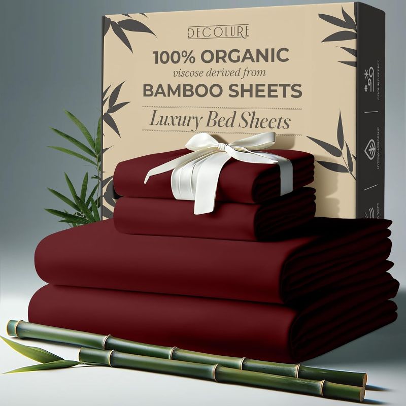 Photo 1 of Full Bed Sheets (Burgundy)Bamboo Sheets Full Size 4pcs - Ultra Soft & Luxuriously Cooling, 17" Deep Pocket, Double Stitching, Perfect for Hot Sleepers - 