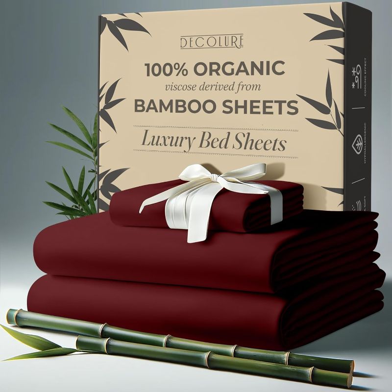 Photo 1 of Twin Bed Sheets (Burgundy) Bamboo Sheets Twin Size 3pcs - Ultra Soft & Luxuriously Cooling, 17" Deep Pocket, Double Stitching, Perfect for Hot Sleepers - 