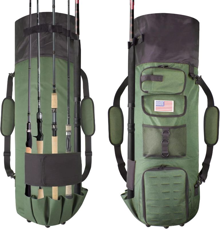 Photo 1 of Fishing Rod Bag,Large Capacity Fishing Pole Bag Holds 6 Rods & Reels,Portable and Adjustable Fishing Pole backpack Perfect for Storaging Fishing Gear Equipment (Green)