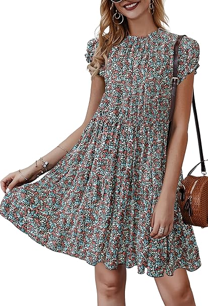 Photo 1 of Size L - KIRUNDO 2024 Women's Sleeveless Ruffle Sleeve Crew Neck Floral Print Mini Dress Casual Loose Flowy Short Dresses