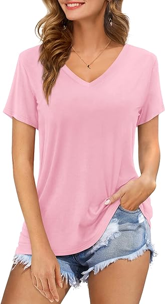 Photo 1 of Size L -Amoretu Womens Tshirts V Neck Short Sleeve Tops Tee Solid Color Blouse