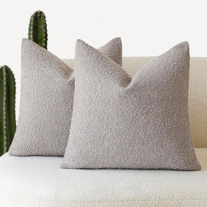 Photo 1 of Textured Boucle Throw Pillow Covers Accent Solid Decorative Pillow Cases Cozy Woven Couch Cushion Case for Sofa Bedroom Living Room Home Decor, 18 x 18 Inch,Neutral Grey