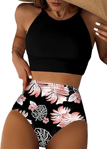 Photo 1 of Size S - Herseas Women's Bikini Sets High Neck Tropical Leaf Print High Waisted Two Pieces Swimsuits Bathing Suits