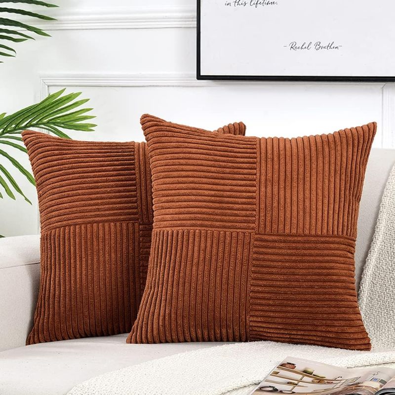 Photo 1 of Fancy Homi 2 Packs Rust Boho Decorative Throw Pillow Covers 18x18 Inch for Couch Bed Sofa, Farmhouse Fall Home Decor, Soft Corss Corduroy Patchwork Textured Terracotta Accent Cushion Case 45x45 cm