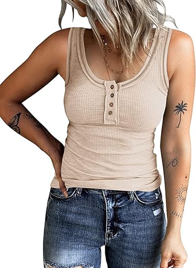 Photo 1 of Size L - KINLONSAIR Women's Sleeveless Henley Tank Tops Ribbed V Neck Button Down T Shirts Summer Slim Fit Tee Tops