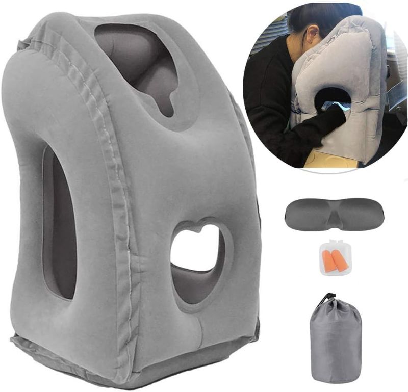 Photo 1 of Inflatable Travel Air Pillow for Sleeping to Avoid Neck and Shoulder Pain, Comfortably Support Head and Lumbar, Used for Airplane, Car, Bus and Office (Grey)