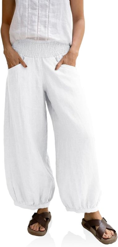Photo 1 of SIze S -  Casual Palazzo Pants for Women Beach Loose Cotton Summer Elastic Smocked Mid Waist Lounge Pants Trousers with Pockets