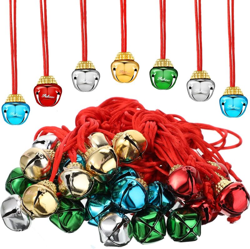 Photo 1 of Zubebe 120 Pcs Christmas Bell Necklaces Believe Large Bell Necklaces Holiday Christmas Necklace for Kids Women Costume Craft Party Supplies