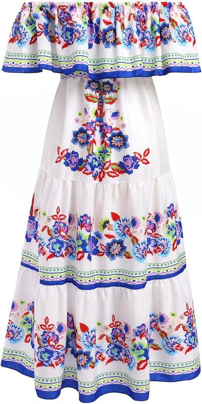 Photo 1 of Size M - Women Mexican Dress Summer Floral Print Traditional Ethnic Wear Off Shoulder Beach Holiday Party Long Maxi Gowns