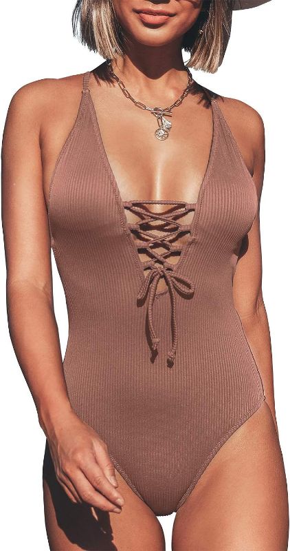 Photo 1 of Size XL - CUPSHE Women's Solid Color V Neck Lace Up One Piece Swimsuit
