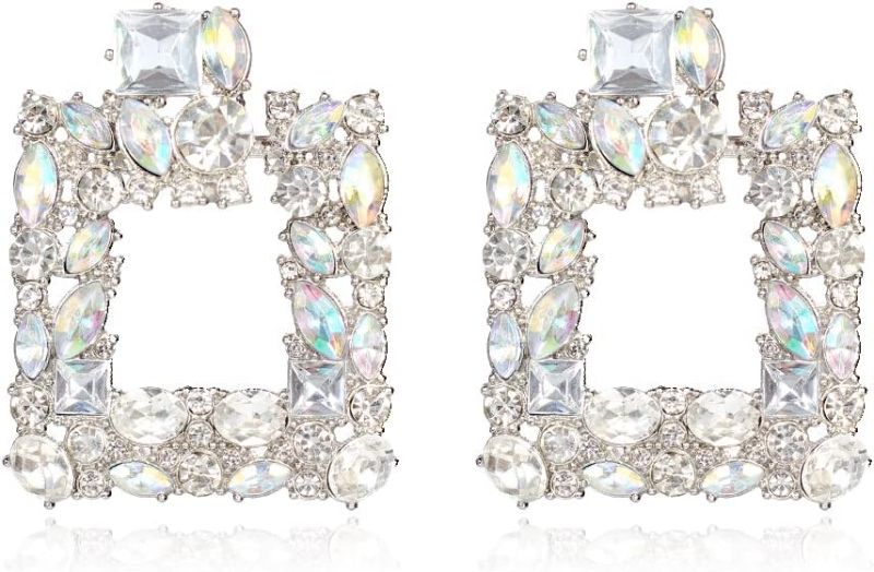 Photo 1 of KELMALL Elegant Rhinestone Rectangle Earrings Trendy Crystal Geometric Drop Dangle Statement Earrings for Women