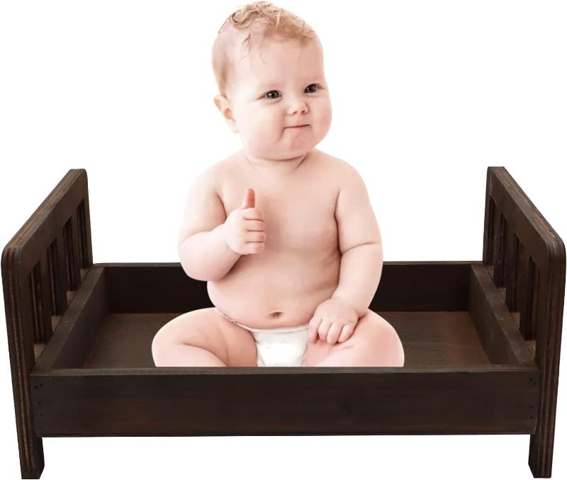 Photo 1 of SPOOKI Newborn Photography Props Bed?0-2 Months Brown Wooden Posing Baby Photoshoot Props Bed, Boys Girls Doll Bed Studio Props with Box for Newborn Photoshoot (A)