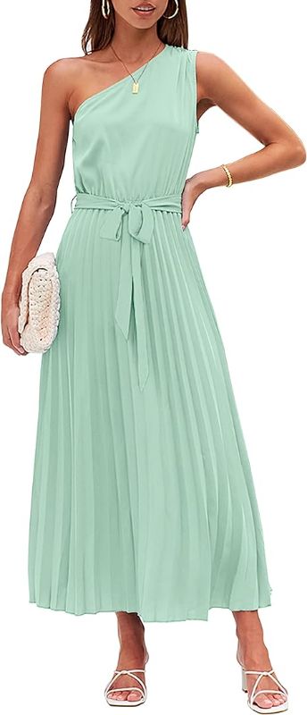 Photo 1 of Size M - MEROKEETY Womens 2024 One Shoulder Sleeveless Pleated Tie Waist A Line Flowy Party Maxi Dress