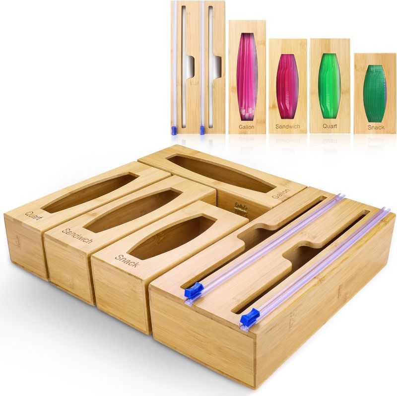 Photo 1 of Individual Storage Bag Organizer for Kitchen Drawer, Bamboo with Foil and Plastic Wrap Organizer for Kitchen Organizers and Storage, for Gallon, Quart, Sandwich, Snack
