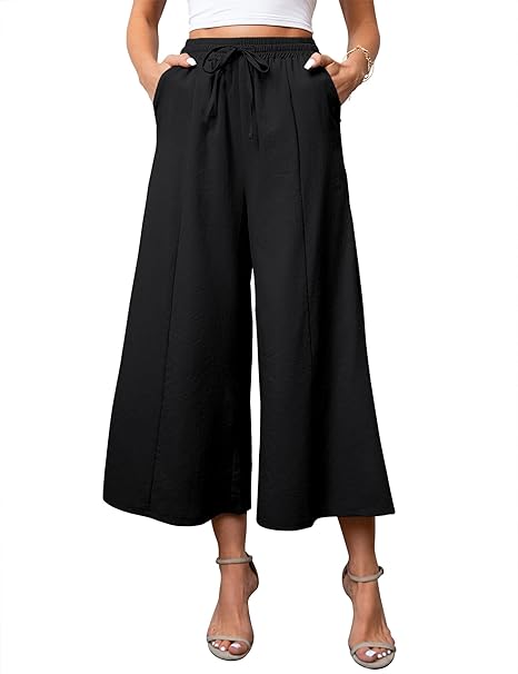 Photo 1 of Size M - KTILG Women Linen Pants Palazzo Wide-Leg Drawstring Casual Loose Crop Elastic Waist Cotton Beach Pants Culottes Trousers
