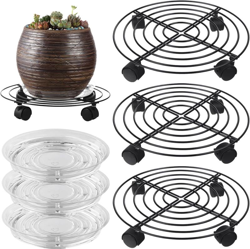 Photo 1 of 3 Packs Large Metal Plant Caddy 13.8” Plant Dolly with Wheels Heavy Duty Wrought Iron Rolling Plant Stand with Casters for Indoor and Outdoor Plant Pot Rollers Black, Plastic Saucers Included
