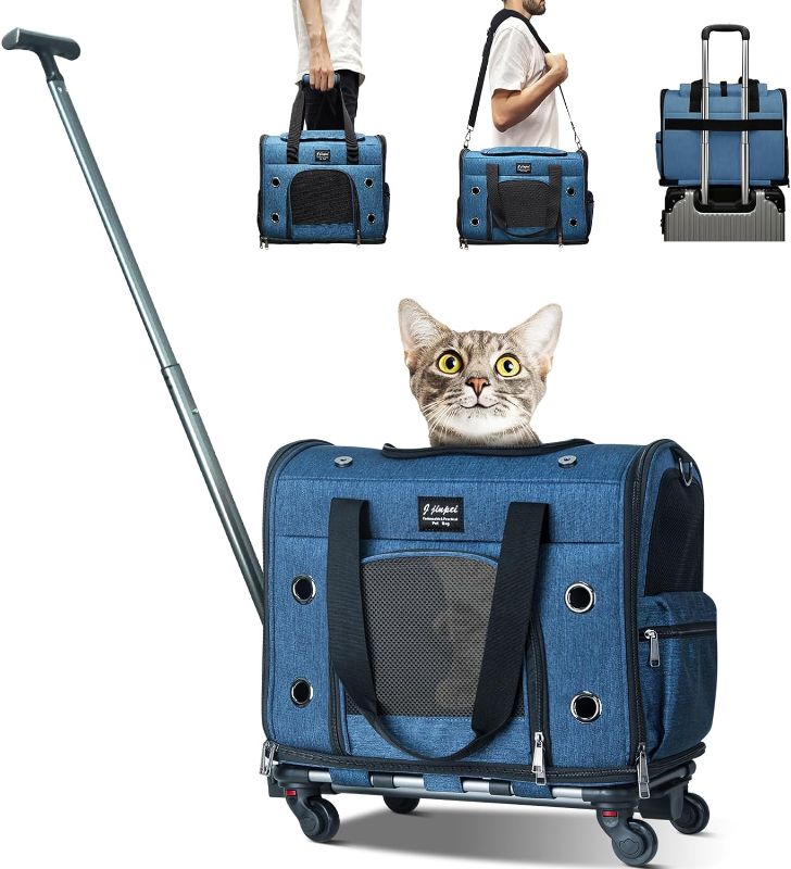 Photo 1 of Cat Dog Carrier with Wheels,Foldable Airline Approved Pet Carrier Bag,Rolling Pet Travel Carrier with Telescopic Handle and Shoulder Strap for Small Medium Animals Travel Outdoor Vet Visits(Dark Blue)
