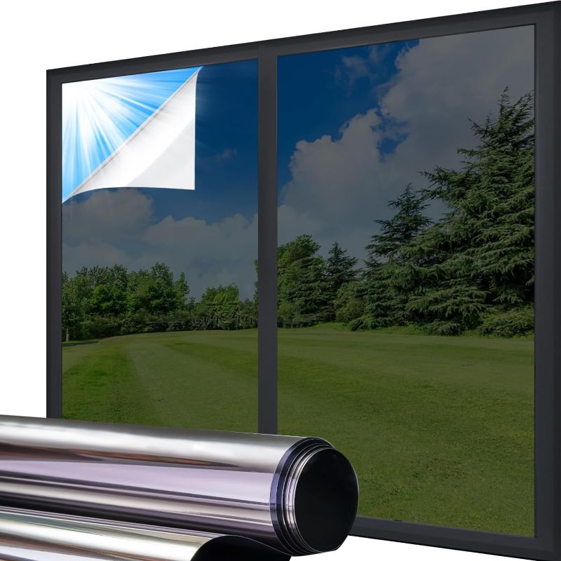 Photo 1 of 42 Inch x 79Inch One Way Window Tint Film Privacy Daytime Reflective Mirror Window Sun Blocking Thermal Insulated Film Heat Control Static Cling Window Tint Anti UV Home Office (Silver)

