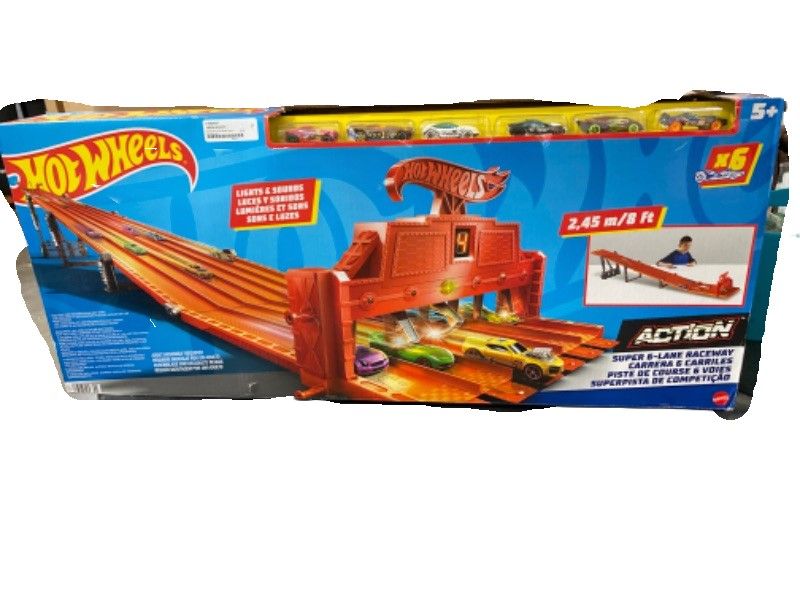 Photo 2 of ?Hot Wheels Track Set with 6 1:64 Scale Toy Cars and 6-Lane Race Track, Includes Track Storage and Lights and Sounds, Super 6-Lane Raceway ???