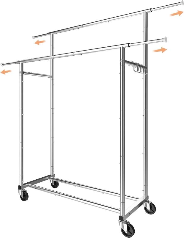 Photo 1 of Simple Trending Double Rod Clothing Garment Rack, Rolling Clothes Organizer on Wheels for Hanging Clothes,with 4 hooks, Chrome