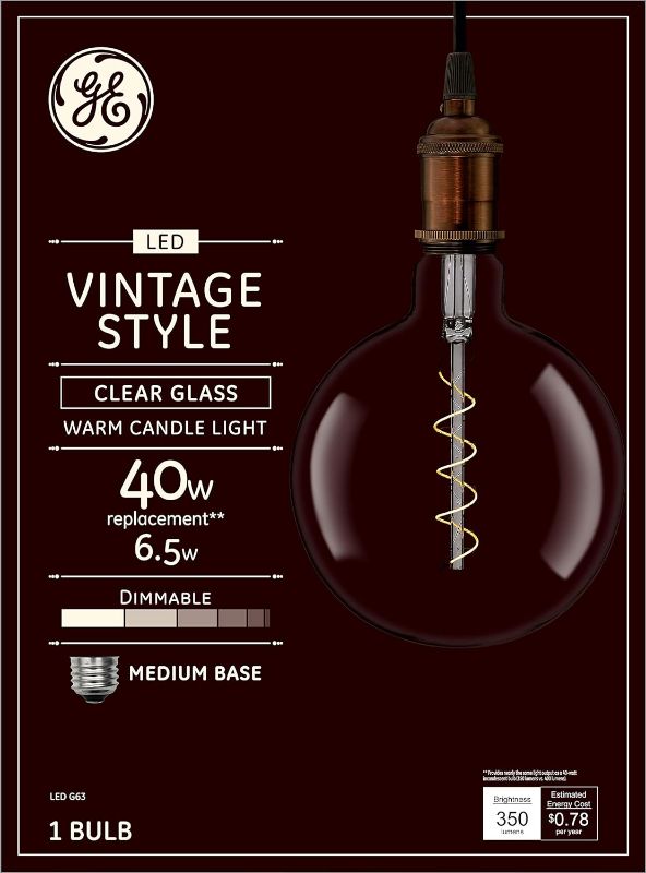 Photo 1 of GE Vintage Style LED Light Bulb, 40 Watt, Clear Finish, G63 Large Globe Bulb (1 Pack)