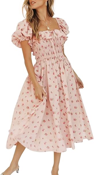 Photo 1 of Size L - R.Vivimos Womens Summer Floral Print Puff Sleeves Vintage Ruffles Midi Dress