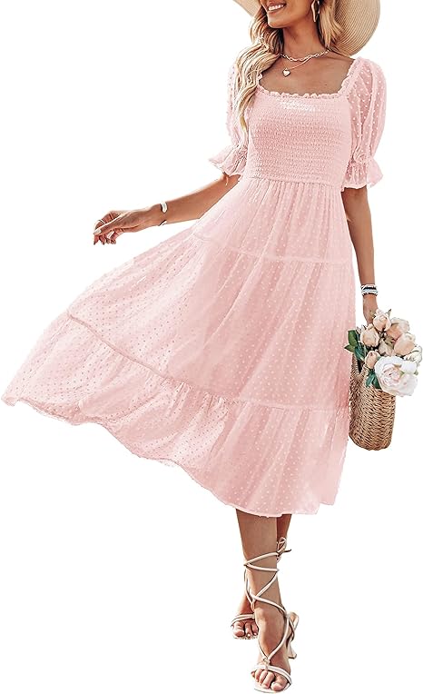 Photo 1 of Size S - MEROKEETY Women's 2024 Summer Square Neck Puff Sleeve Boho Midi Dress Swiss Dot Ruffle Flowy Tie Back Dress