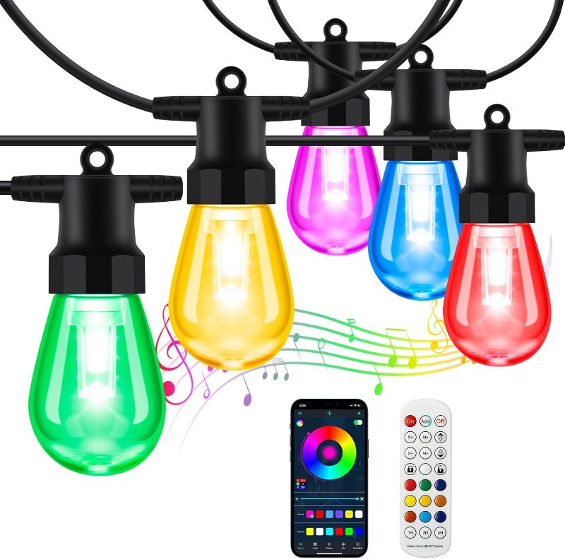 Photo 1 of Outdoor String Lights Color Changing - 48FT Sync with Music Led Patio Lights Outdoor Waterproof with App and Remote Hanging 15 RGB Bulb Create Ambience for Garden, Cafe, Backyard, Christmas, Party