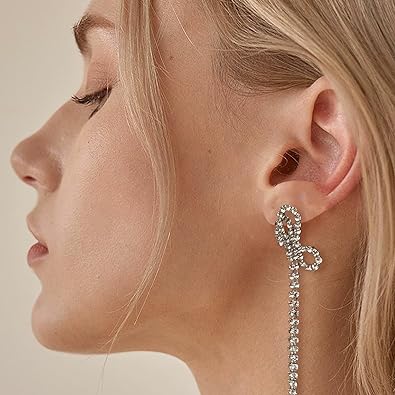 Photo 1 of Luxval Rhinestones Earrings for Women silver rhinestone earrings Sparkly Long Linear Dangle Earrings Dangle Tassels Statement Earrings Bridal Wedding