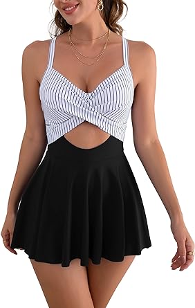 Photo 1 of Size M - B2prity Women Cutout One Piece Skirt Swimsuit V Neck Wrap Tie Back Swimdress Tummy Control Bathing Suits