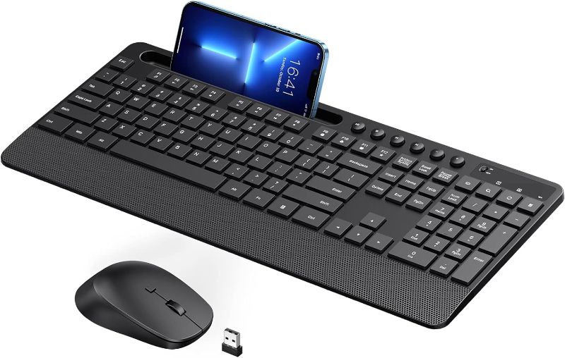 Photo 1 of Wireless Keyboard and Mouse Combo, 2.4GHz Lag-Free Ergonomic Keyboard Full-Size with Phone Holder & 10 Independent Shortcuts, Silent Mouse with 4 DPI for Computer, Desktop, Laptop