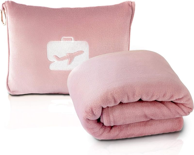 Photo 1 of EverSnug Travel Blanket and Pillow - Premium Soft 2 in 1 Airplane Blanket with Soft Bag Pillowcase, Hand Luggage Sleeve and Backpack Clip (Light Pink)