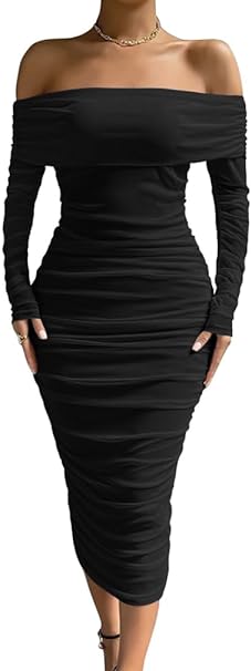 Photo 1 of Size XL - LAGSHIAN Women Sexy Off Shoulder Long Sleeve Bodycon Ruched Midi Elegant Cocktail Party Dress