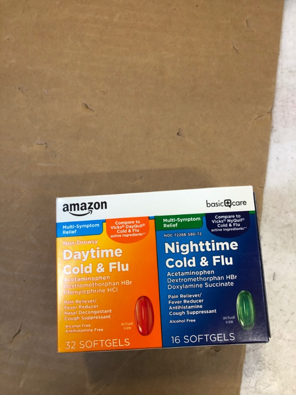 Photo 2 of Amazon Basic Care Cold and Flu Relief, Daytime and Nighttime Combo Pack Softgels, Powerful Cold Medicine for Day and Night Multi-Symptom Relief, 48 Count 48 Count (Pack of 1) Daytime & Nighttime. 11/2024