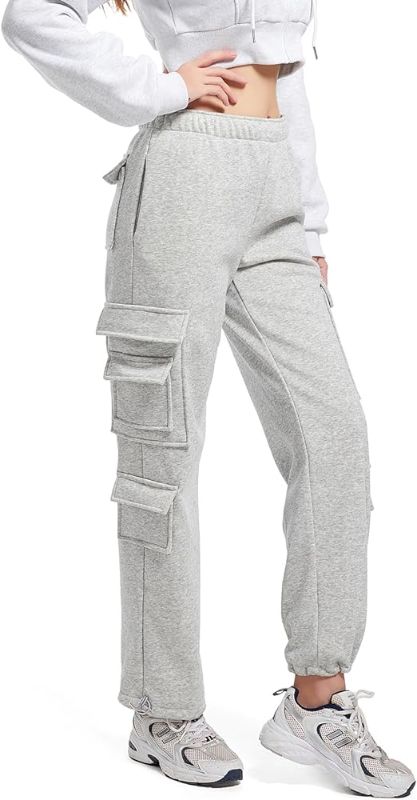 Photo 1 of med  Cargo Sweatpants for Women Fleece Lined Casual Baggy Joggers Cargo Pants High Waist Adjustable Legs Sweat Pants with Pockets