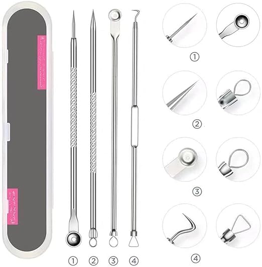Photo 1 of Blackhead Remover Pimple Popper Tool Kit 4 Pcs Acne Comedone Zit Blackhead Extractor Tool for Nose Face,Stainless Steel Whitehead Popping Removal Tool Set